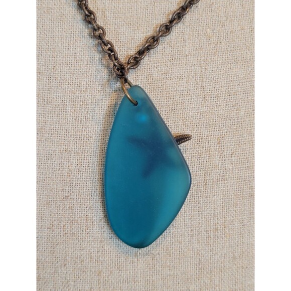 Large Deep Teal Sea Glass Starfish & Faux Pearl Pendant Necklace Ocean Jewelry - Picture 5 of 6